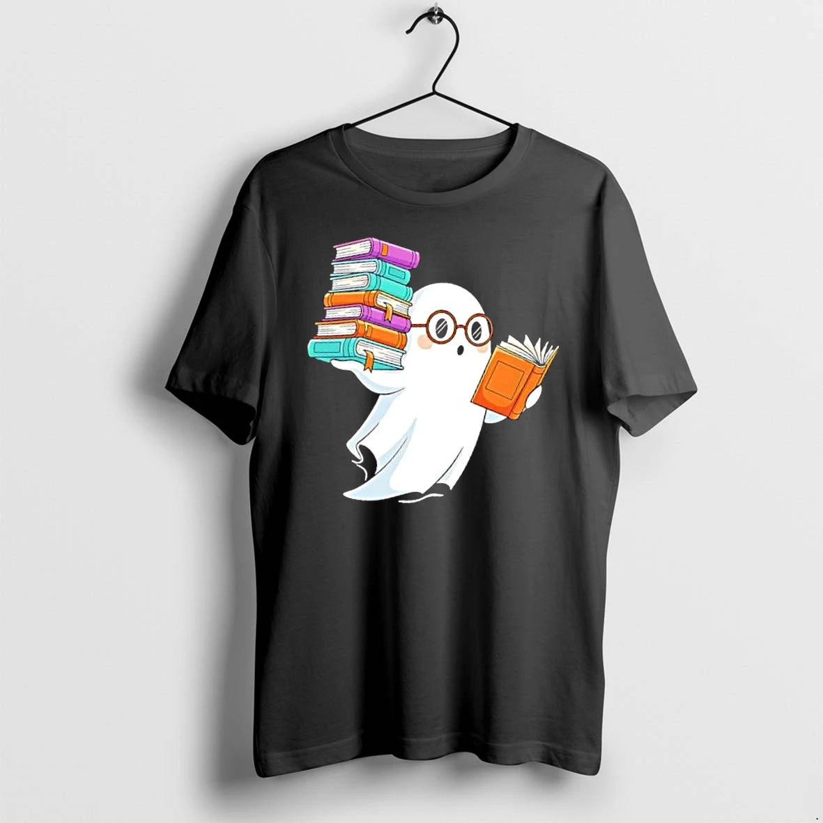 Officials Cute Spooky Cartoon Ghost Wearing Glasses Reading Stacked Books Mens T Shirt Sweater