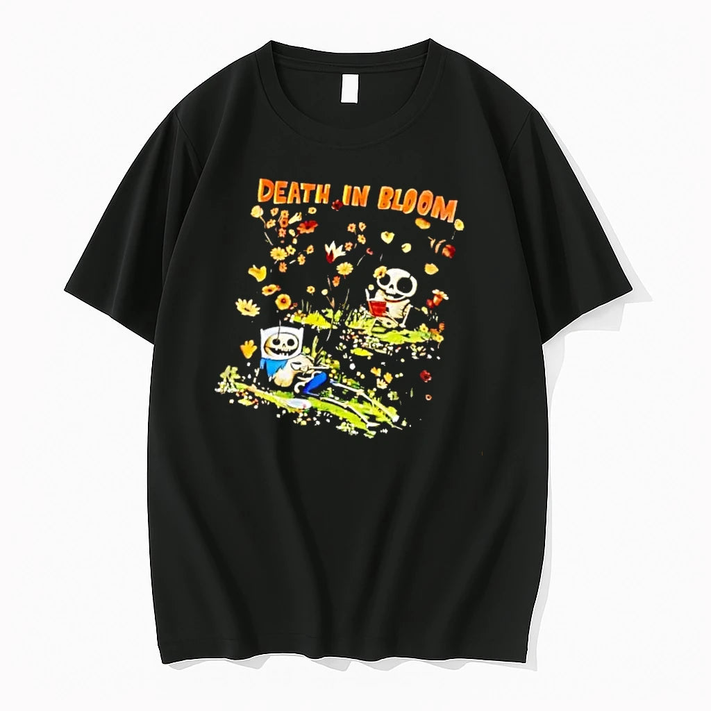 Officials Death In Bloom Cartoon Skeleton Characters Reading Flower Garden Mens T Shirt Sweater