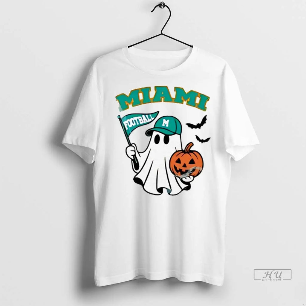 Officials Halloween Ghost Miami Dolphins Football Flag Pumpkin Ladies T Shirts