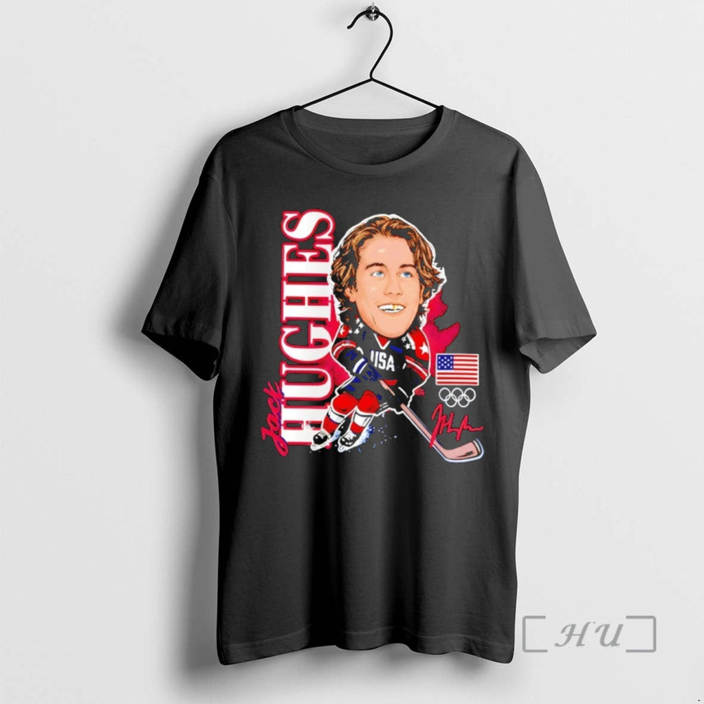 Officials Jack Hughes Big Head Usa Hockey American Flag Olympic 2026 Premium T Shirts Sweater