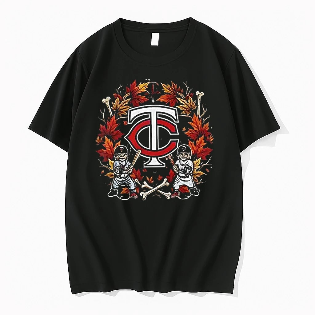 Officials Minnesota Twins Maple Leaves Skull Crossed Bats Baseballs Halloween Black Mens