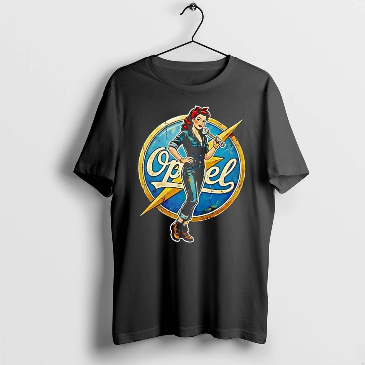 Officials Opel Pinup Mechanic Girl Wrench Distressed Lightning Emblem Vintage Mens Premium T Shirt