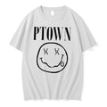 Officials Ptown Bootleg Illustration Smiley Face Protruding Tongue White Womens T Shirt Sweater
