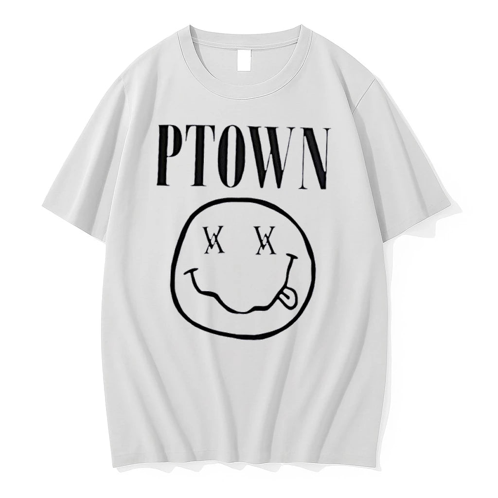 Officials Ptown Bootleg Illustration Smiley Face Protruding Tongue White Womens T Shirt Sweater