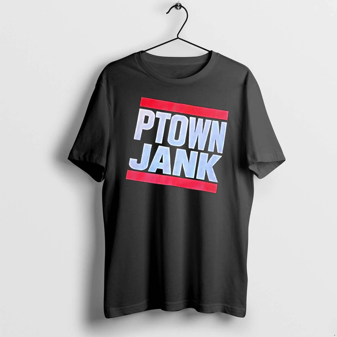 Officials Ptown Jank Red Horizontal Bars White Textured Lettering Mens T Shirt Sweater