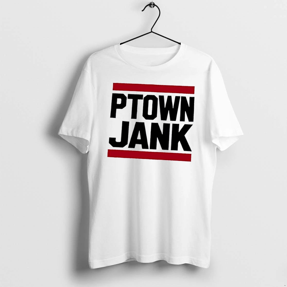Officials Ptown Jank Stacked Bold Block Lettering Red Horizontal Bars White Womens T Shirt Sweater