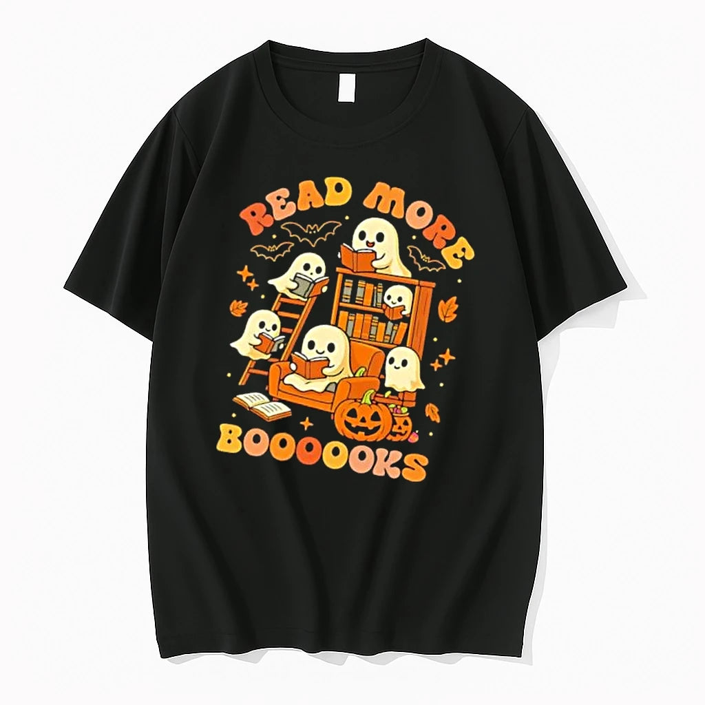 Officials Read More Booooooks Cartoon Ghosts Reading Armchair Bookshelf Pumpkin Mens T Shirt Sweater