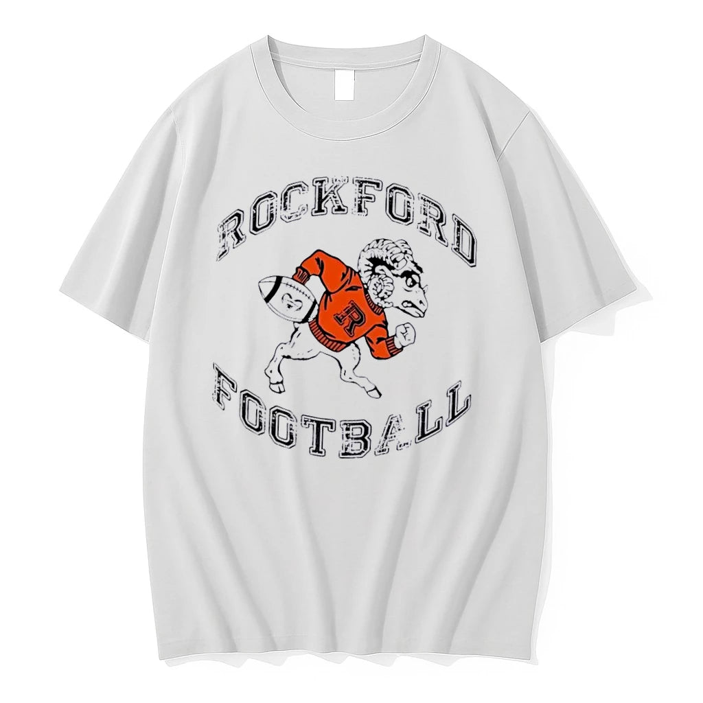 Officials Rockford Football Distressed Vintage Cartoon Ram Mascot Running White Womens T Shirt Sweater