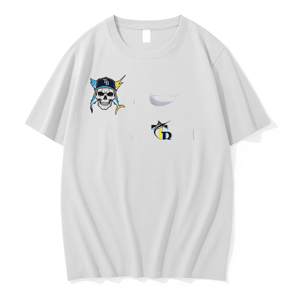 Officials Tampa Bay Rays Logo Skull Bat Crossed Baseball White Mens Premium T Shirt