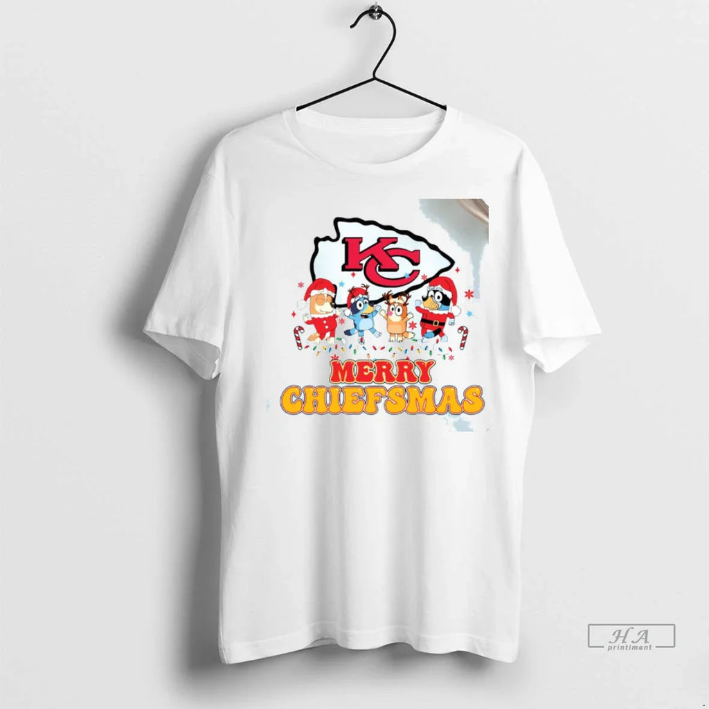 Officials Trendy Merry Chiefsmas Kansas City Chiefs Christmas Tee Bluey Cartoon Football Revetee 1