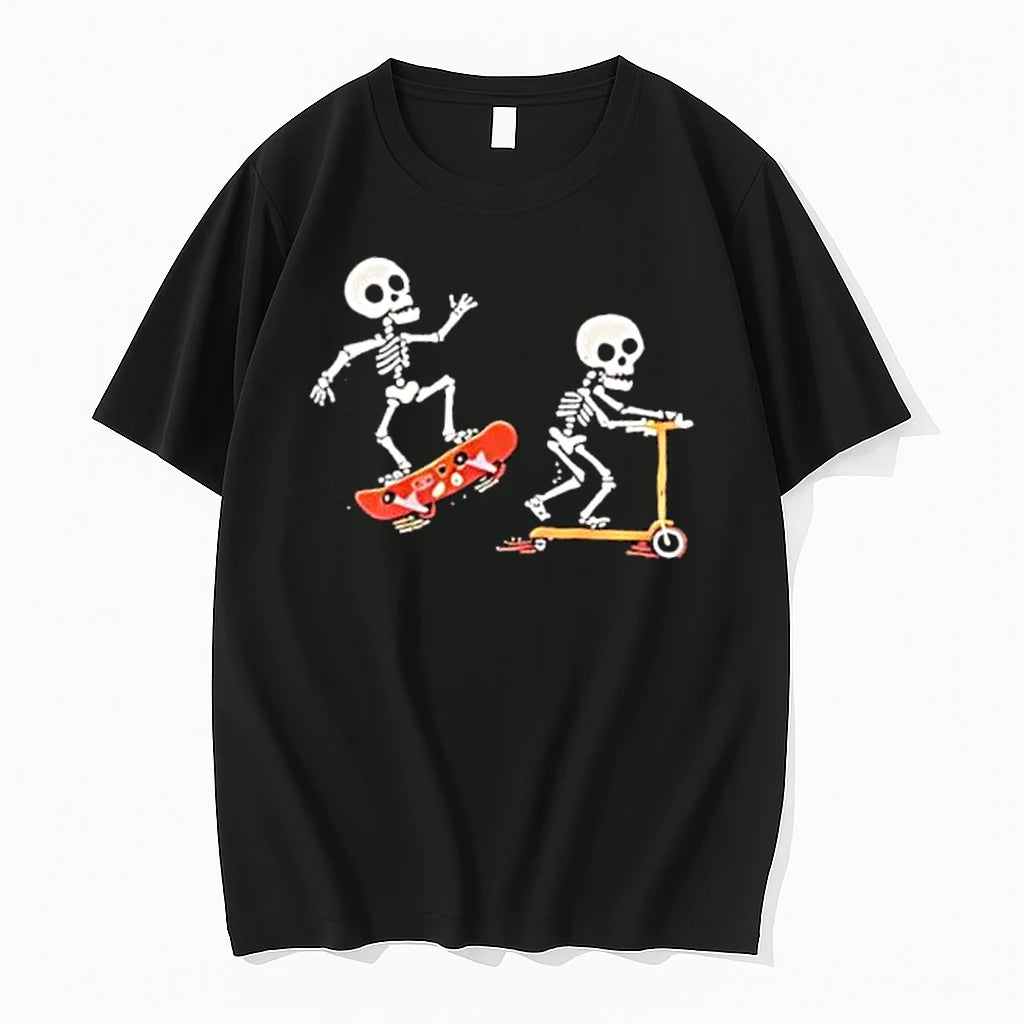 Officials Two Cartoon Skeletons Riding Orange Skateboard And Kick Scooter Mens T Shirt Sweater
