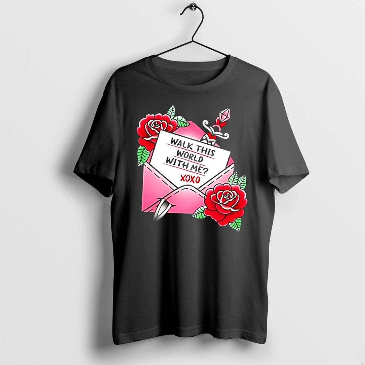 Officials Walk This World With Me Xoxo Tattoo Letter Envelope Black T Shirt Sweater