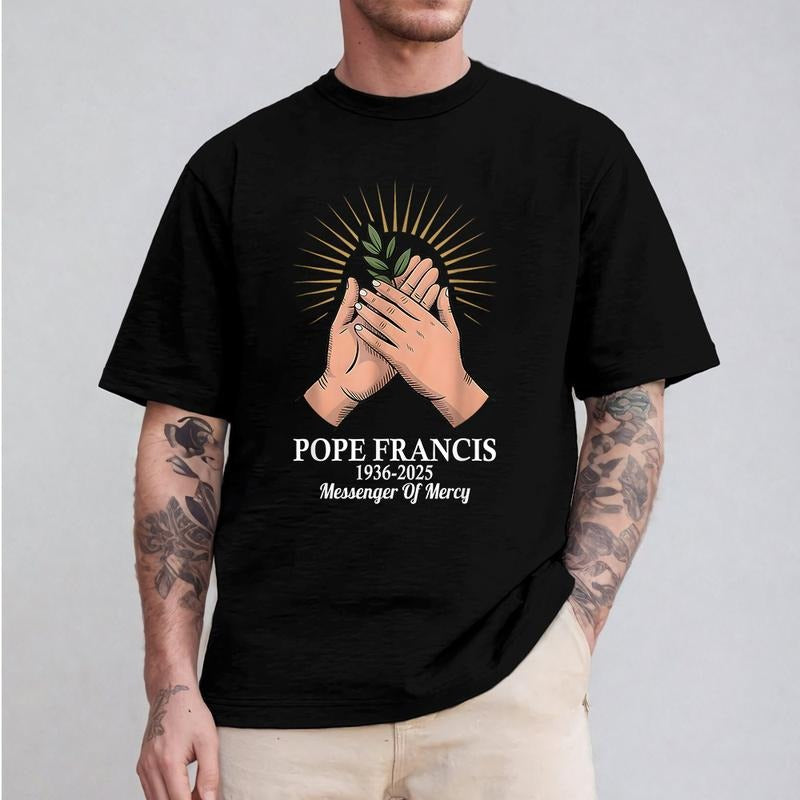 Pray Pope Francis Christian Crew Neck Short Sleeve Tops T-Shirts