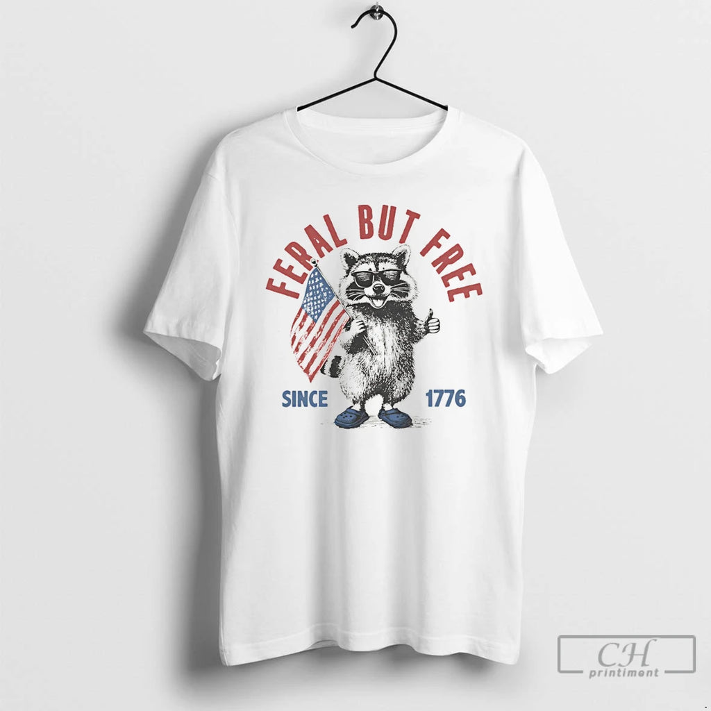 Premium Funny Raccoon Feral But Free American Flag Since 1776