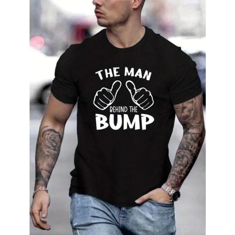 " Man Behind Bump" Print Short Sleeve Soft Breathable Casual Funny Relaxed Fit Perfect Summer Spring Fall Expectant Dads New Fathers Husbands Made USA T-Shirts