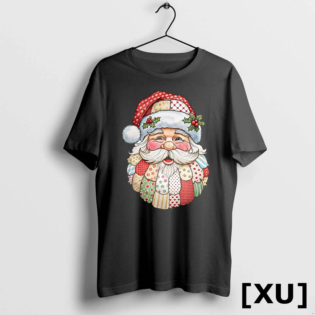 Santa Claus Face Patchwork Folk Art Christmas Xmas Tshirts Sweater