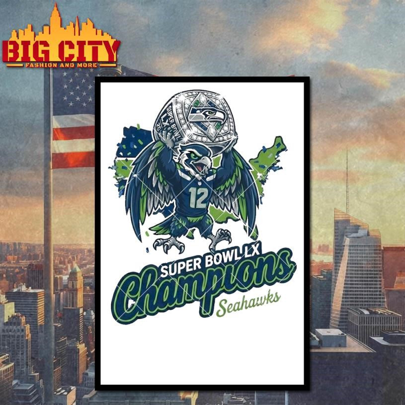 Seattle Football 2026 Champion Hawk Mascot with Victory Ring Shirt