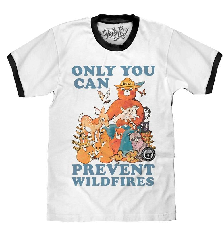 Smokey Bear Only You Can Prevent Wildfires Ringer White Black T-Shirts