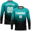 Custom Aqua White-Black Sublimation Long Sleeve Fade Fashion Soccer Uniform Jersey