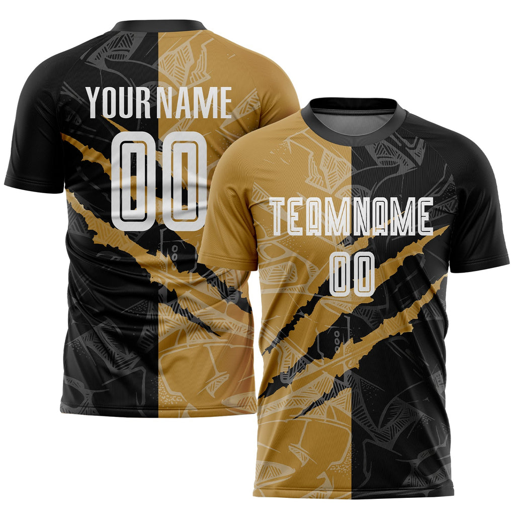 Custom Graffiti Pattern White Black-Old Gold Scratch Sublimation Soccer Uniform Jersey