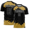 Custom Black Old Gold-White Abstract Fragment Art Sublimation Soccer Uniform Jersey