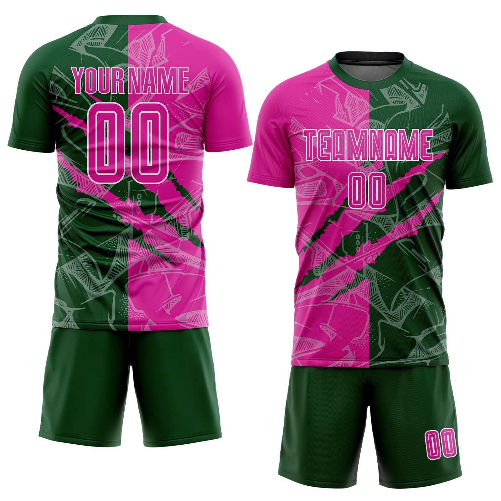 Custom Graffiti Pattern Deep Pink-Green Scratch Sublimation Soccer Uniform Jersey
