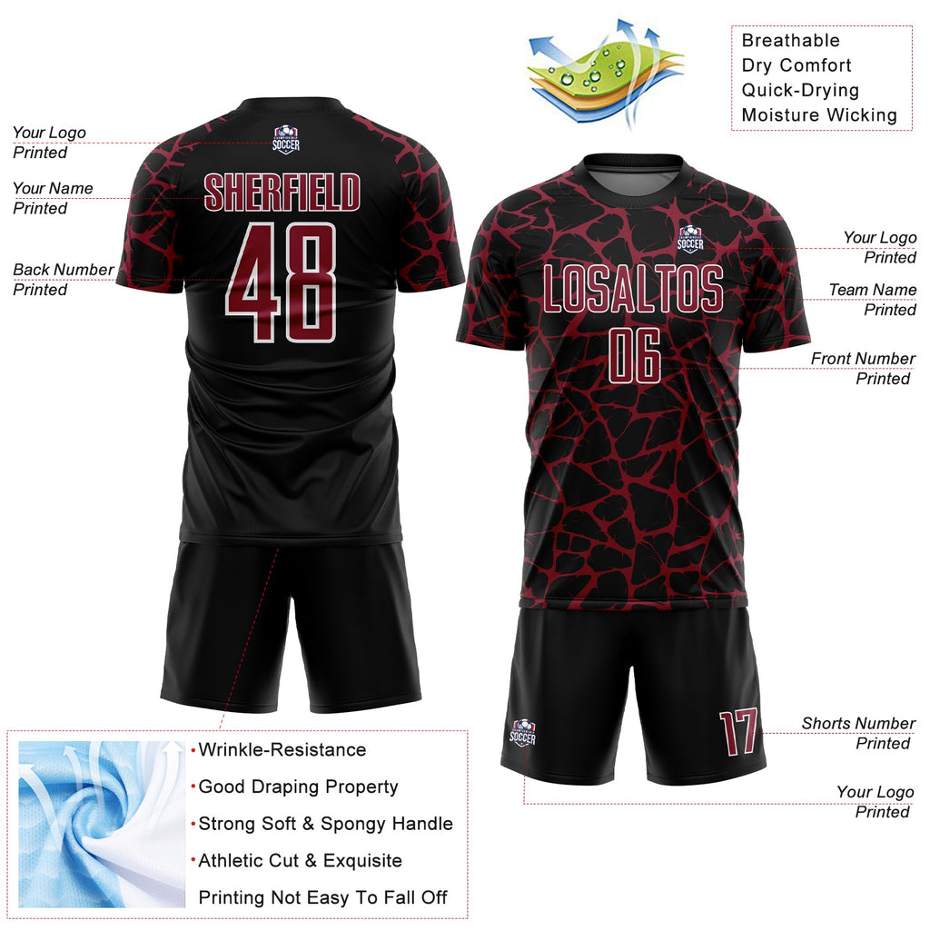 Custom Black Crimson-White Abstract Network Splash Sublimation Soccer Uniform Jersey