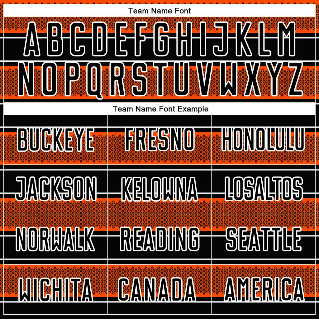 Custom Black Orange-White Geometric Shapes And Line Sublimation Soccer Uniform Jersey