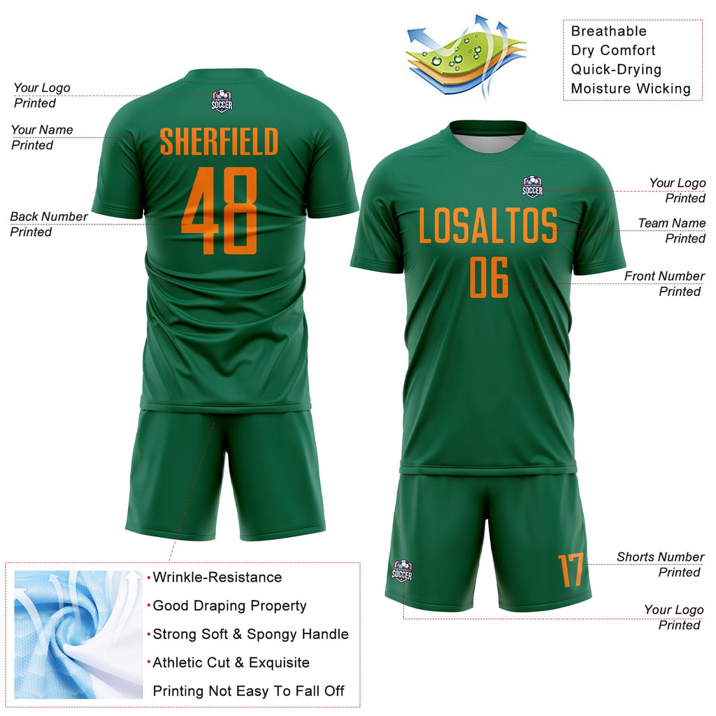Custom Kelly Green Bay Orange Sublimation Soccer Uniform Jersey