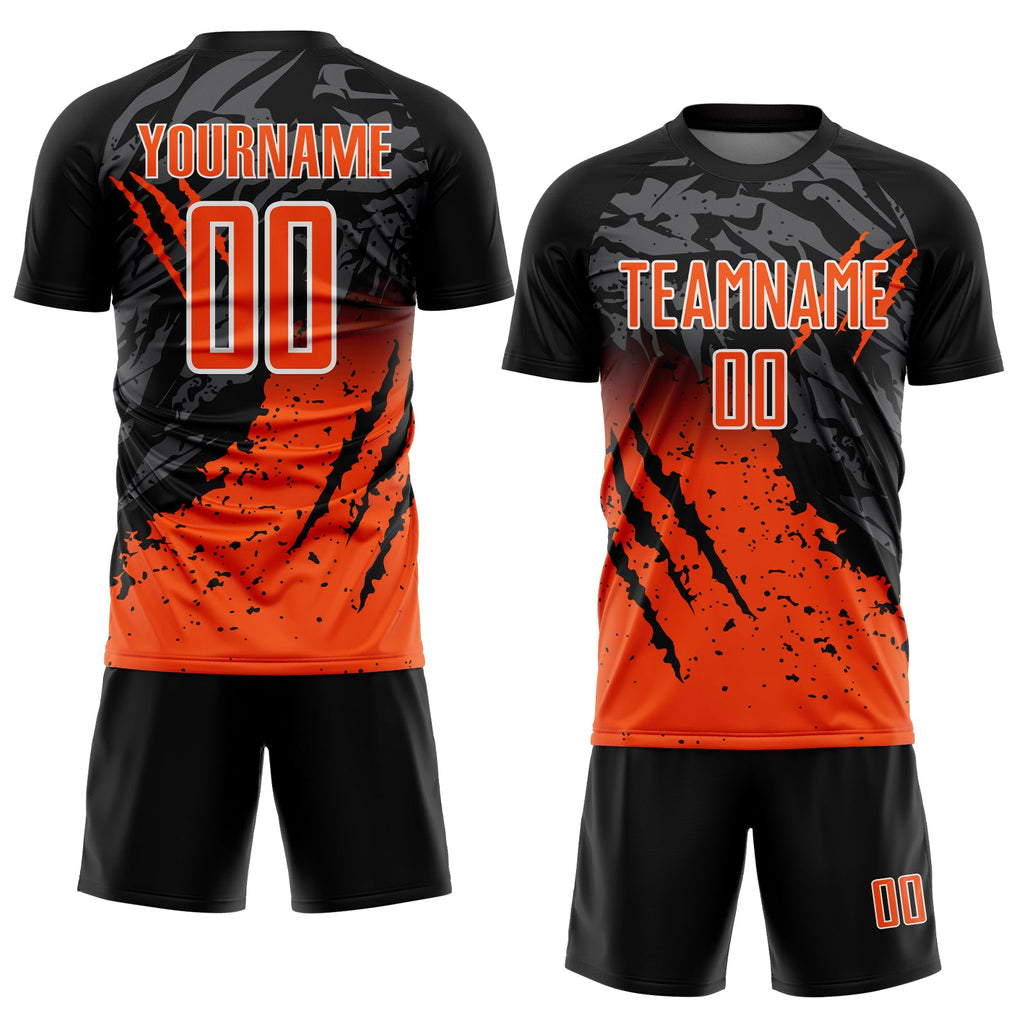 Custom Black Orange-White Gradient Scratch Splash Sublimation Soccer Uniform Jersey