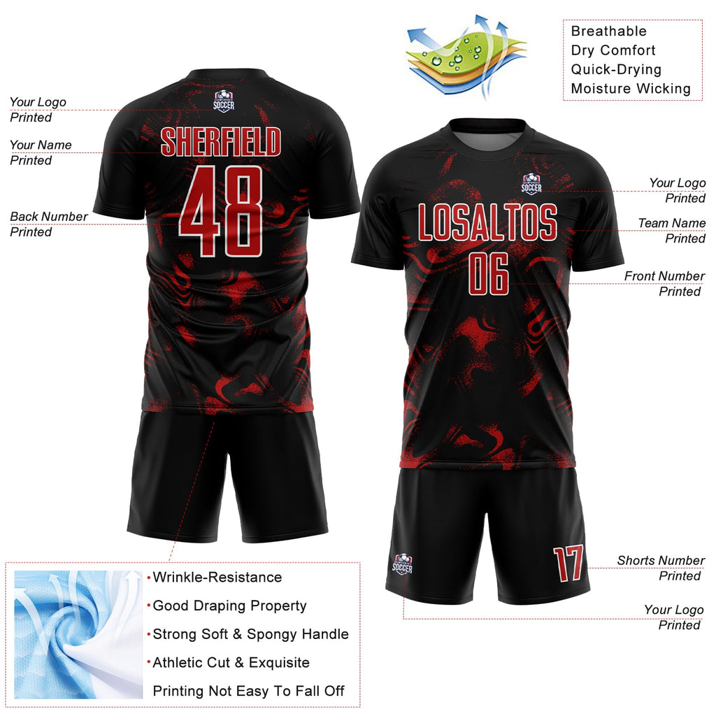 Custom Black Red-White Abstract Liquid Sublimation Soccer Uniform Jersey