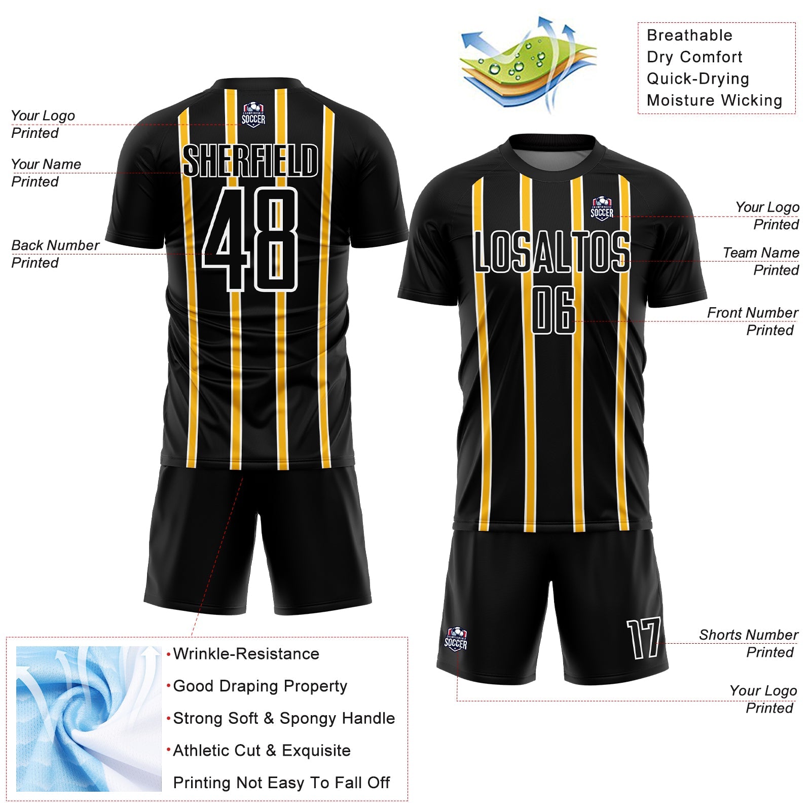 Custom Black Gold-White Stripe Line Sublimation Soccer Uniform Jersey
