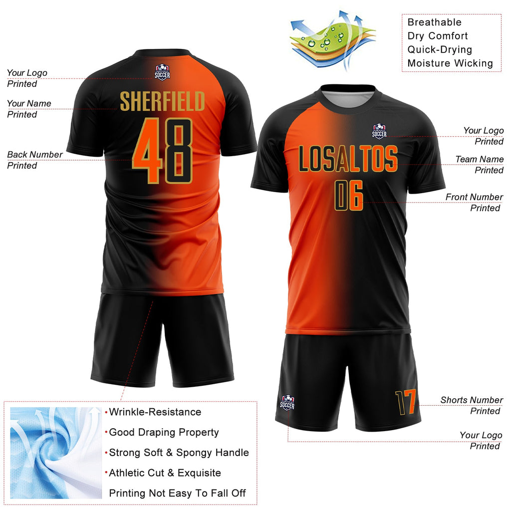 Custom Black Orange-Old Gold Sublimation Gradient Fashion Soccer Uniform Jersey