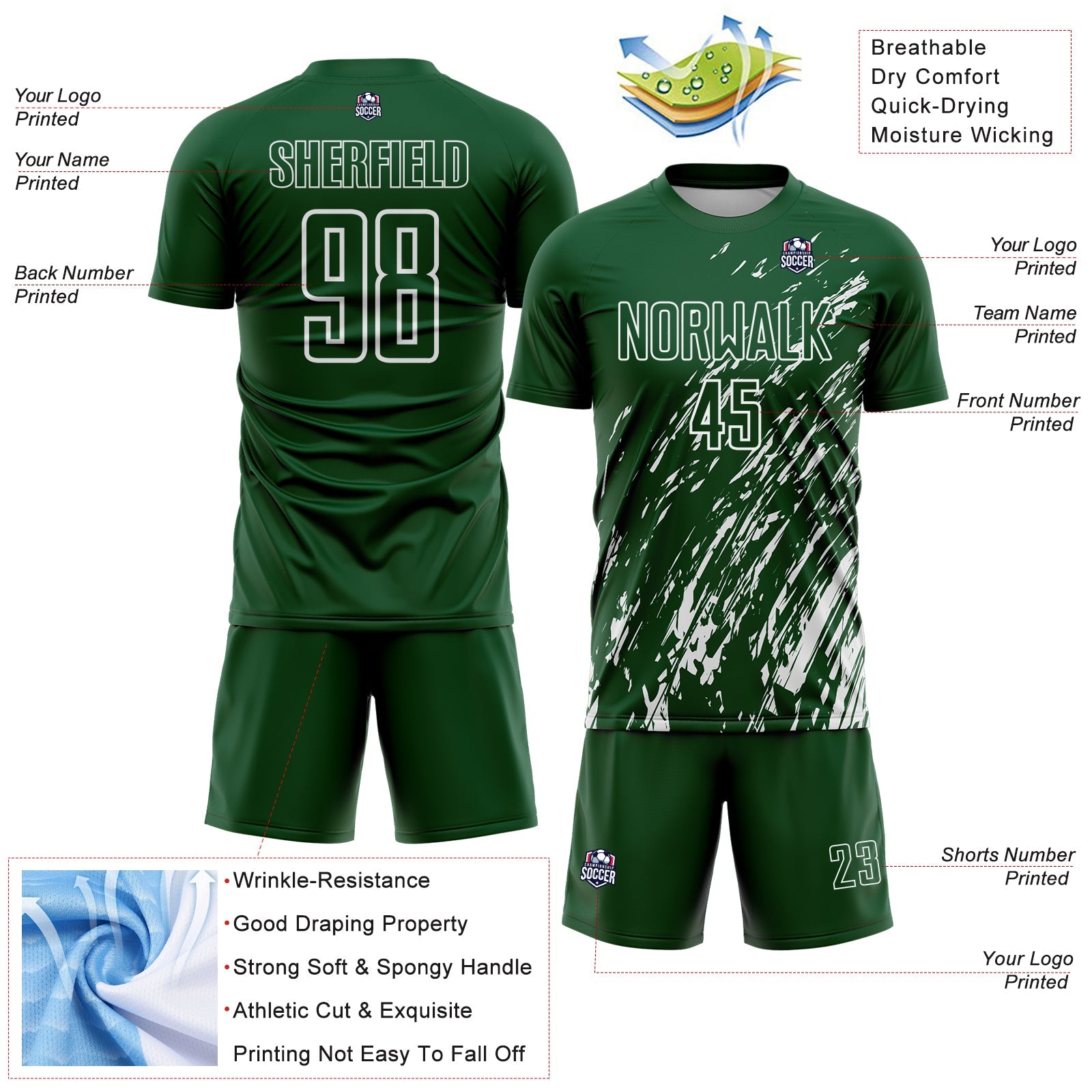 Custom Green White Splash Sublimation Soccer Uniform Jersey