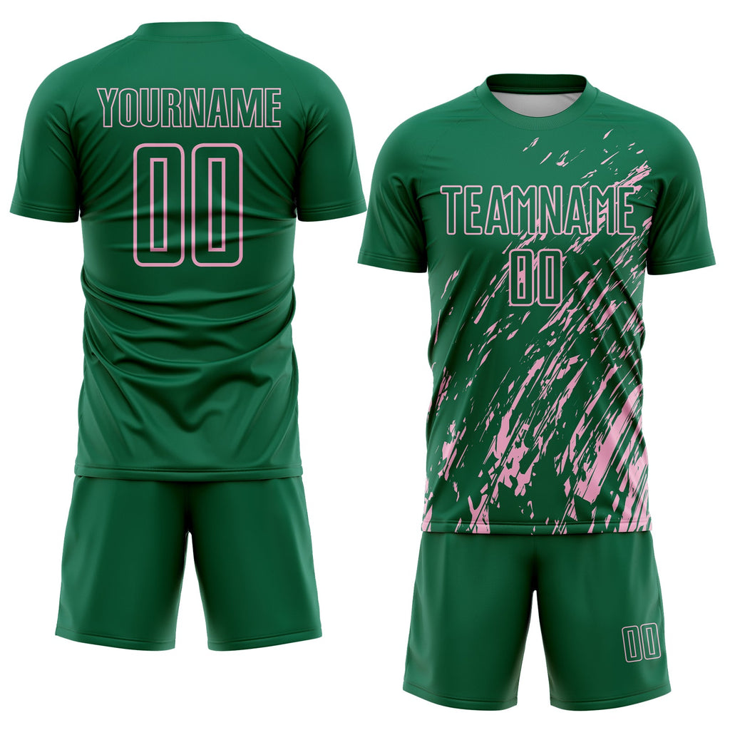 Custom Kelly Green Light Pink Splash Sublimation Soccer Uniform Jersey