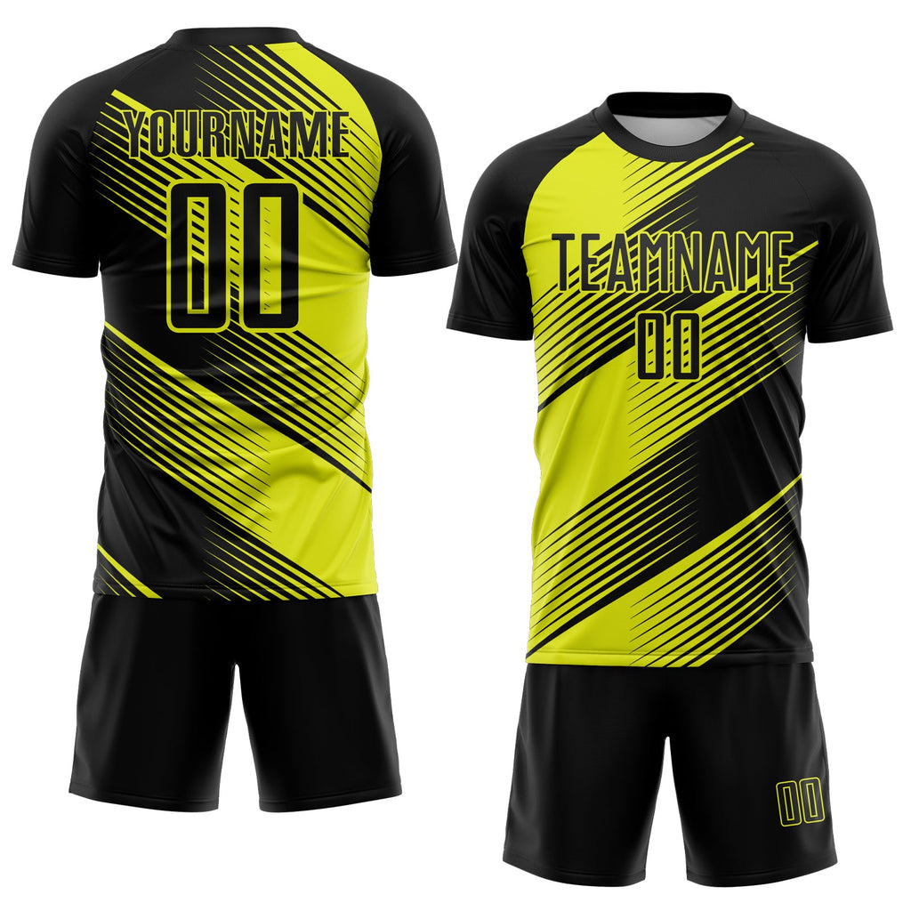 Custom Black Neon Yellow Line Sublimation Soccer Uniform Jersey