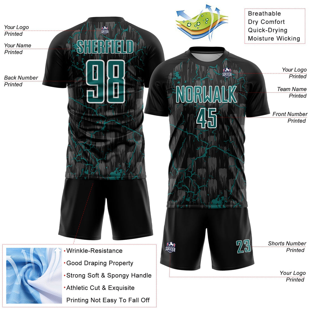 Custom Black Teal-White Lightning Sublimation Soccer Uniform Jersey