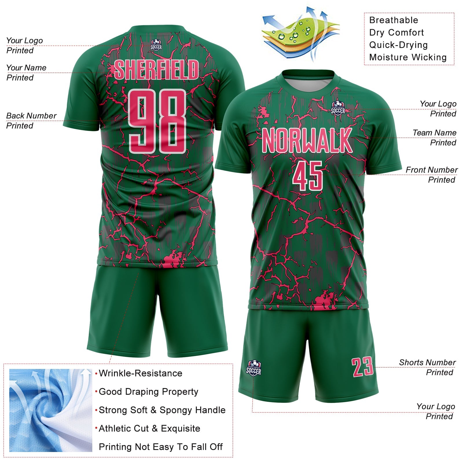 Custom Kelly Green Neon Pink-White Lightning Sublimation Soccer Uniform Jersey