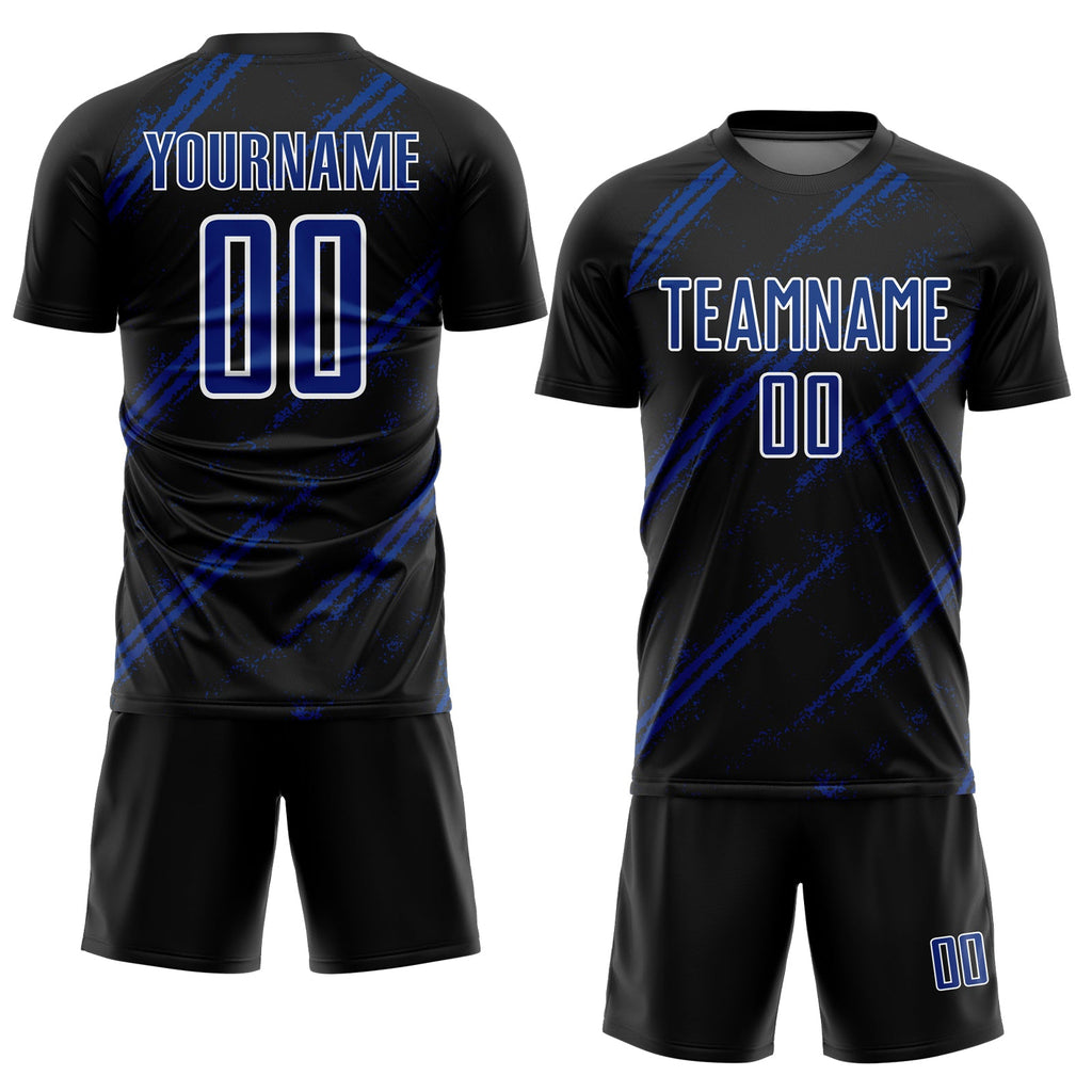 Custom Black Royal-White Abstract Fragment Art Splash Sublimation Soccer Uniform Jersey