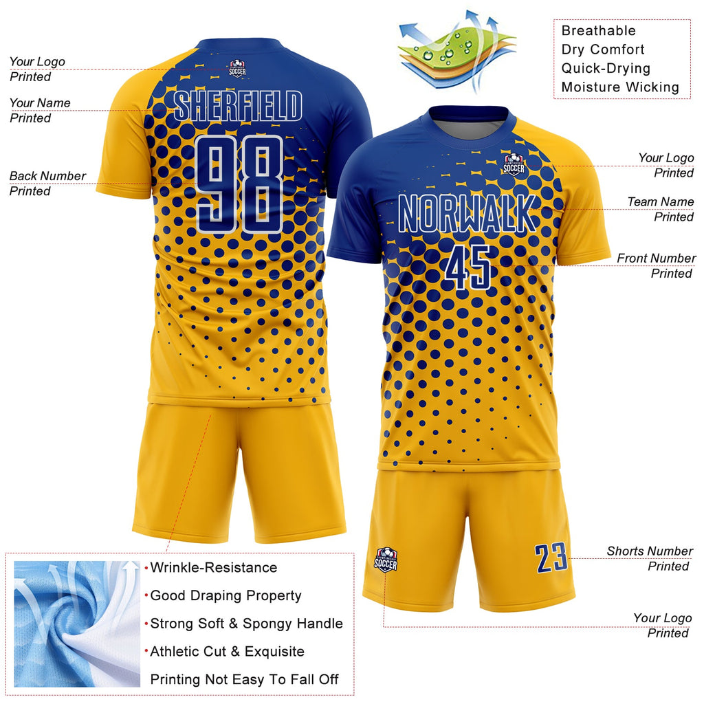 Custom Gold Royal-White Modern Polka Dot Sublimation Soccer Uniform Jersey