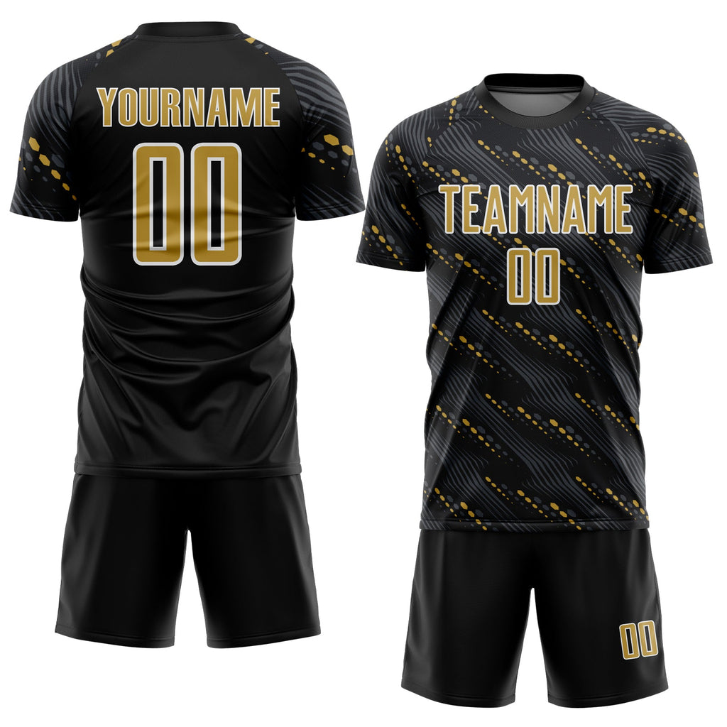 Custom Black Old Gold-White Slant Lines Sports Sublimation Soccer Uniform Jersey