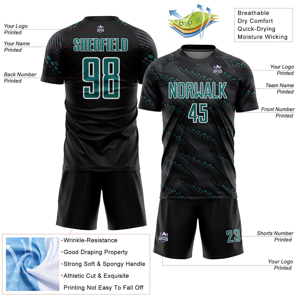 Custom Black Teal-White Slant Lines Sports Sublimation Soccer Uniform Jersey