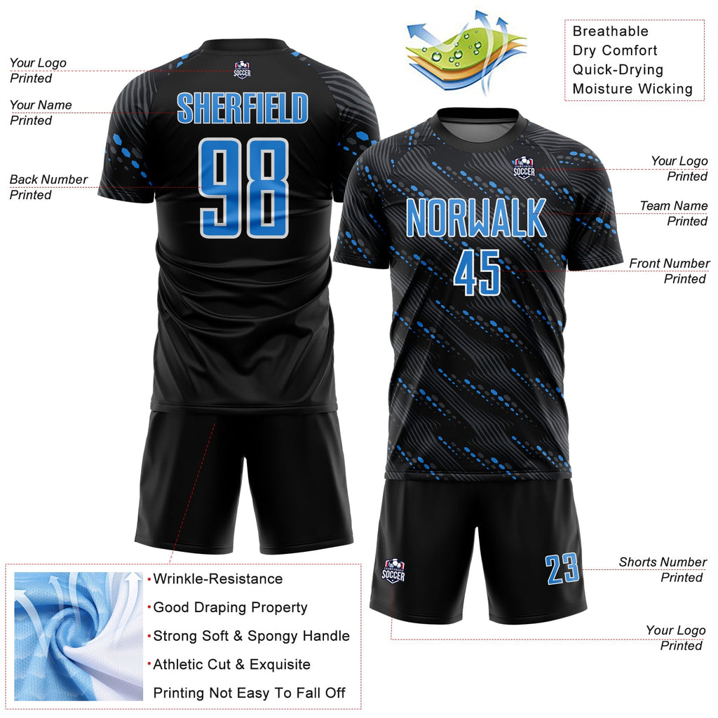Custom Black Powder Blue-White Slant Lines Sports Sublimation Soccer Uniform Jersey