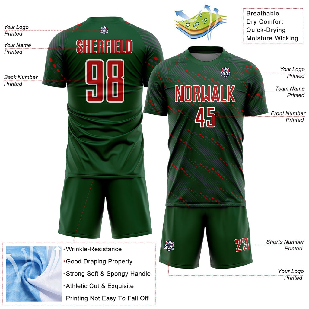 Custom Green Red-White Slant Lines Sports Sublimation Soccer Uniform Jersey