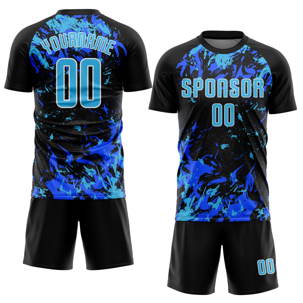 Custom Black Sky Blue Royal-White Fluid Art Splash Sublimation Soccer Uniform Jersey