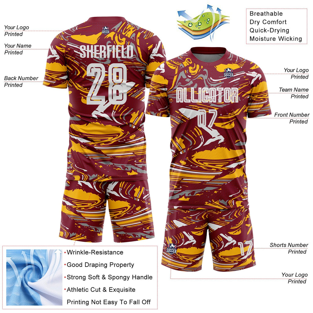 Custom Figure White Crimson-Gold Fluid Art Splash Sublimation Soccer Uniform Jersey