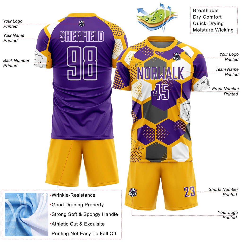 Custom Gold Purple-White Geometric Shape Sublimation Soccer Uniform Jersey