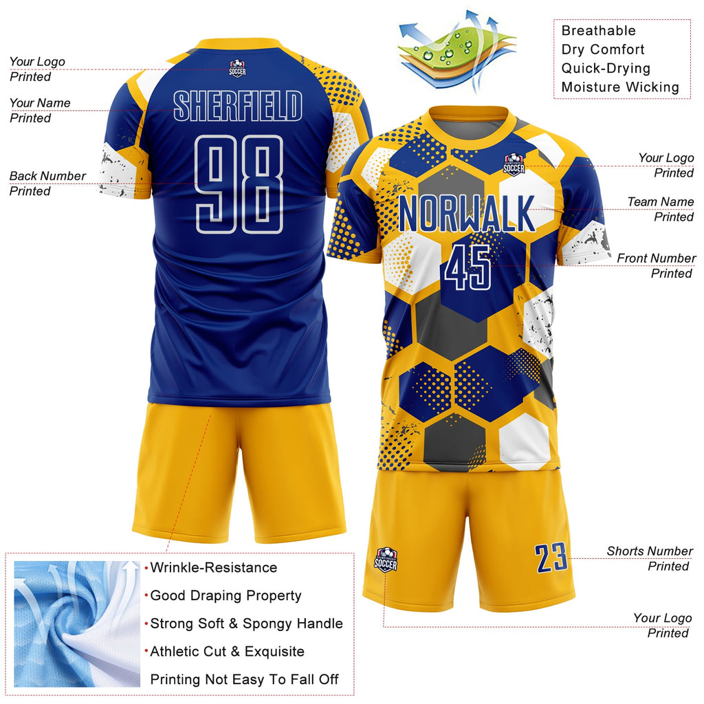 Custom Gold Royal-White Geometric Shape Sublimation Soccer Uniform Jersey