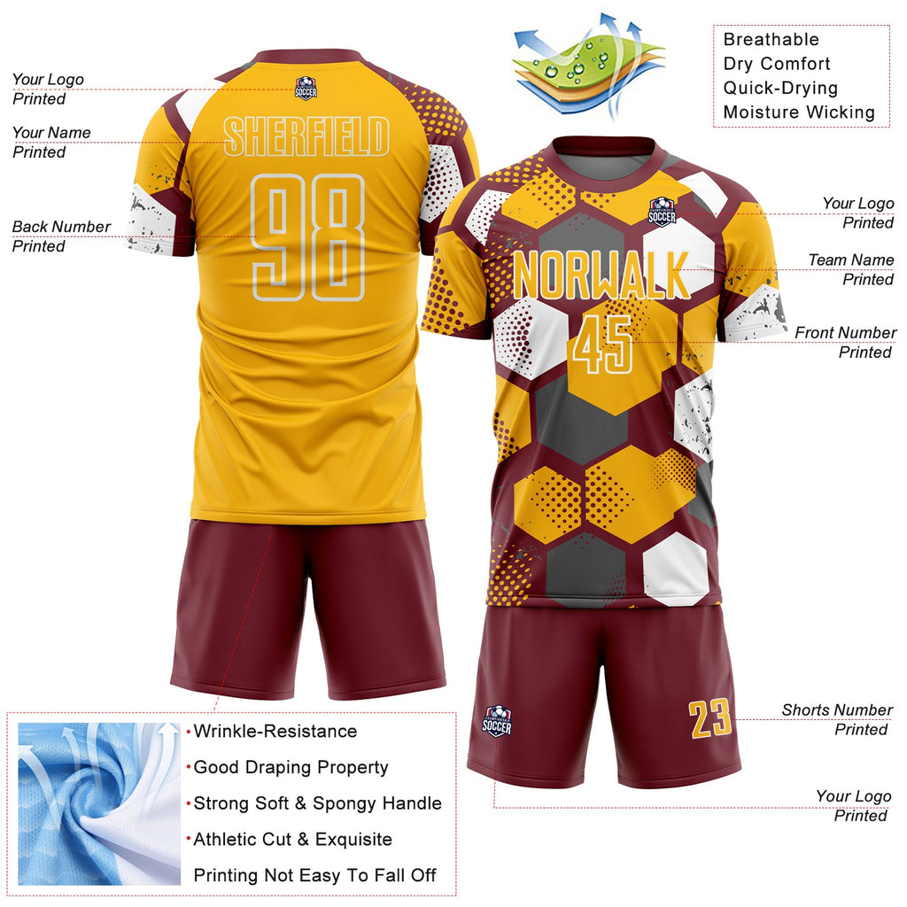 Custom Burgundy Gold-White Geometric Shape Sublimation Soccer Uniform Jersey