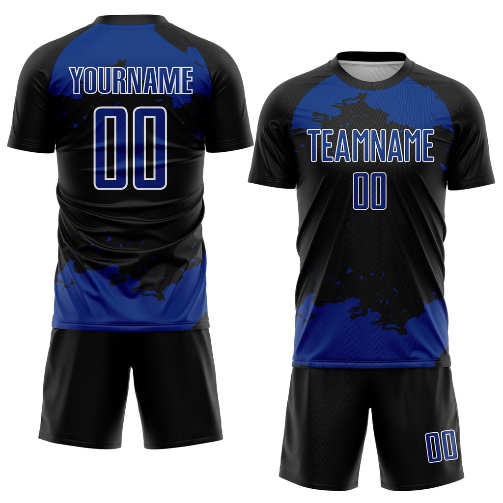 Custom Black Royal-White Abstract Fragment Art Sublimation Soccer Uniform Jersey